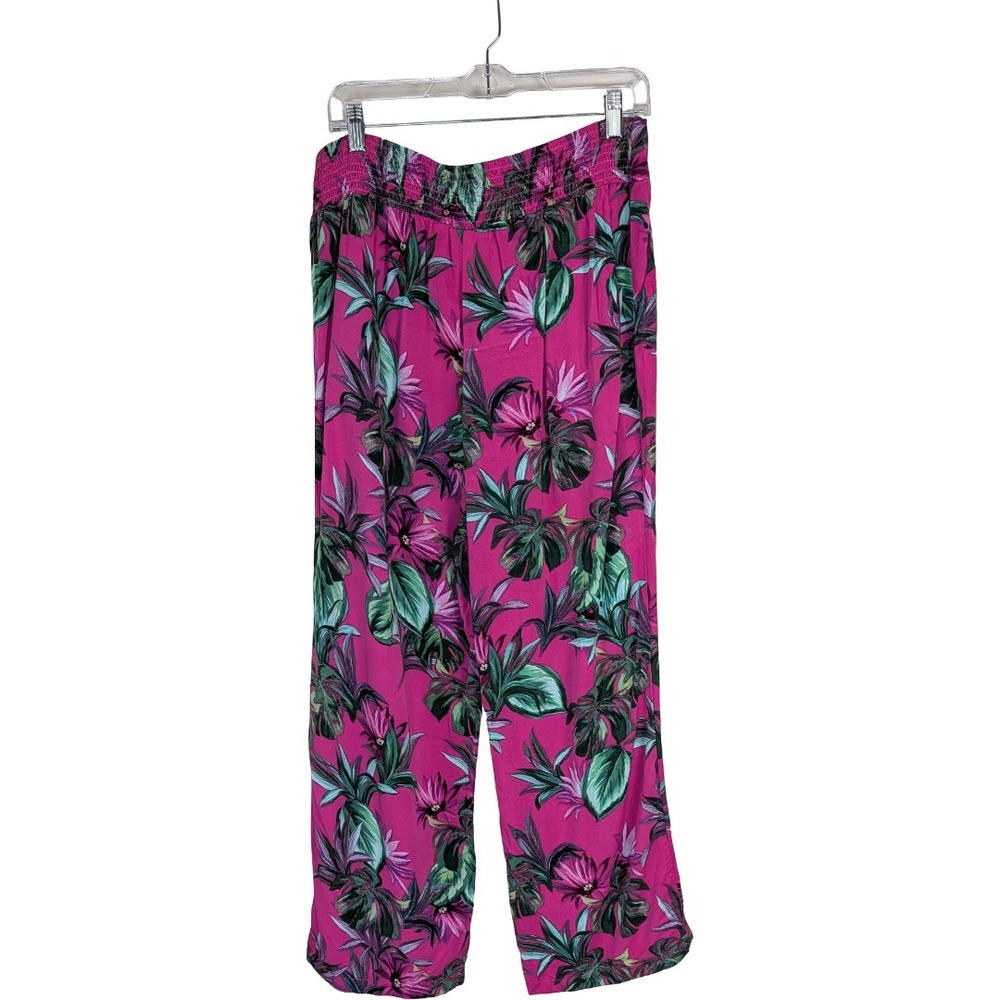 Brandis Wide Leg Pants Women Medium Magenta Tropical Floral‎ Smocked Waist Rayon